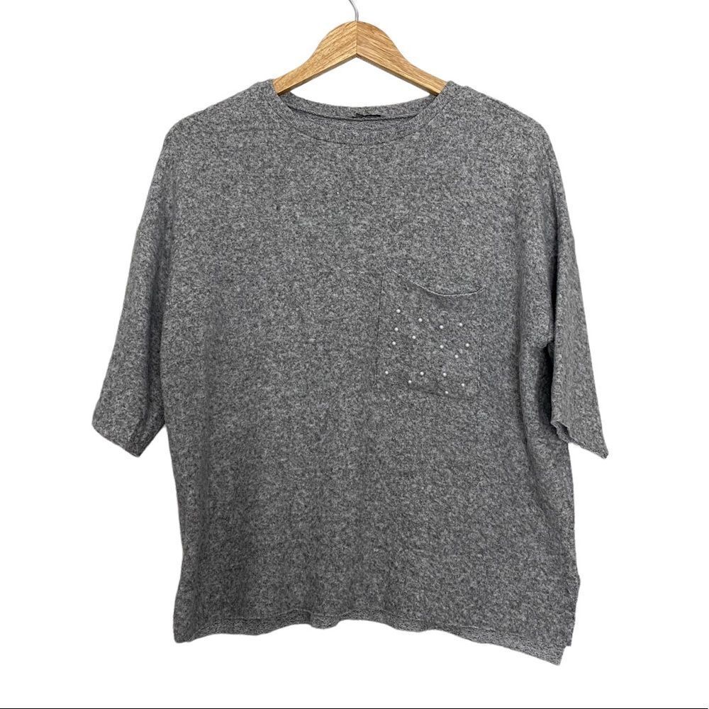ZARA TRAFALUC Textured Boxy Fit Top Womens Size Small Black 3/4 Sleeve Lagenlook